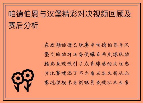 帕德伯恩与汉堡精彩对决视频回顾及赛后分析