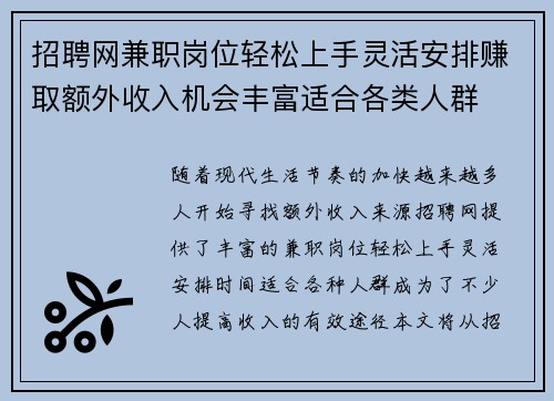 招聘网兼职岗位轻松上手灵活安排赚取额外收入机会丰富适合各类人群